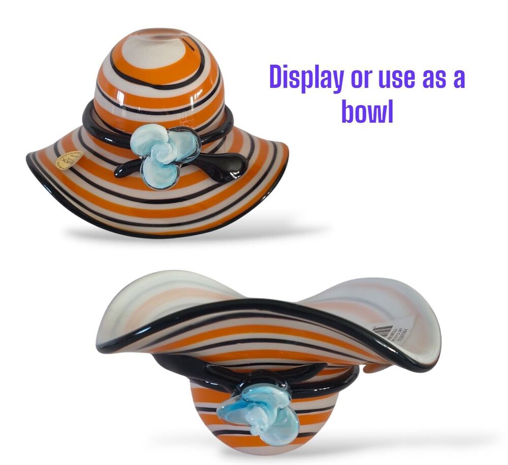 Block Crystal Amanda Hand Blown White Orange Art Glass Hat Blue Flower Bowl
